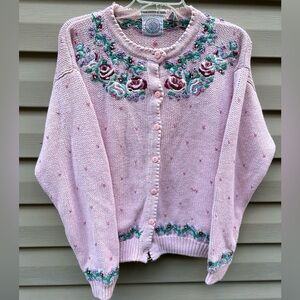 VTG Cape Isle Cardigan sweater M pink coquette embroidered heart whimsical